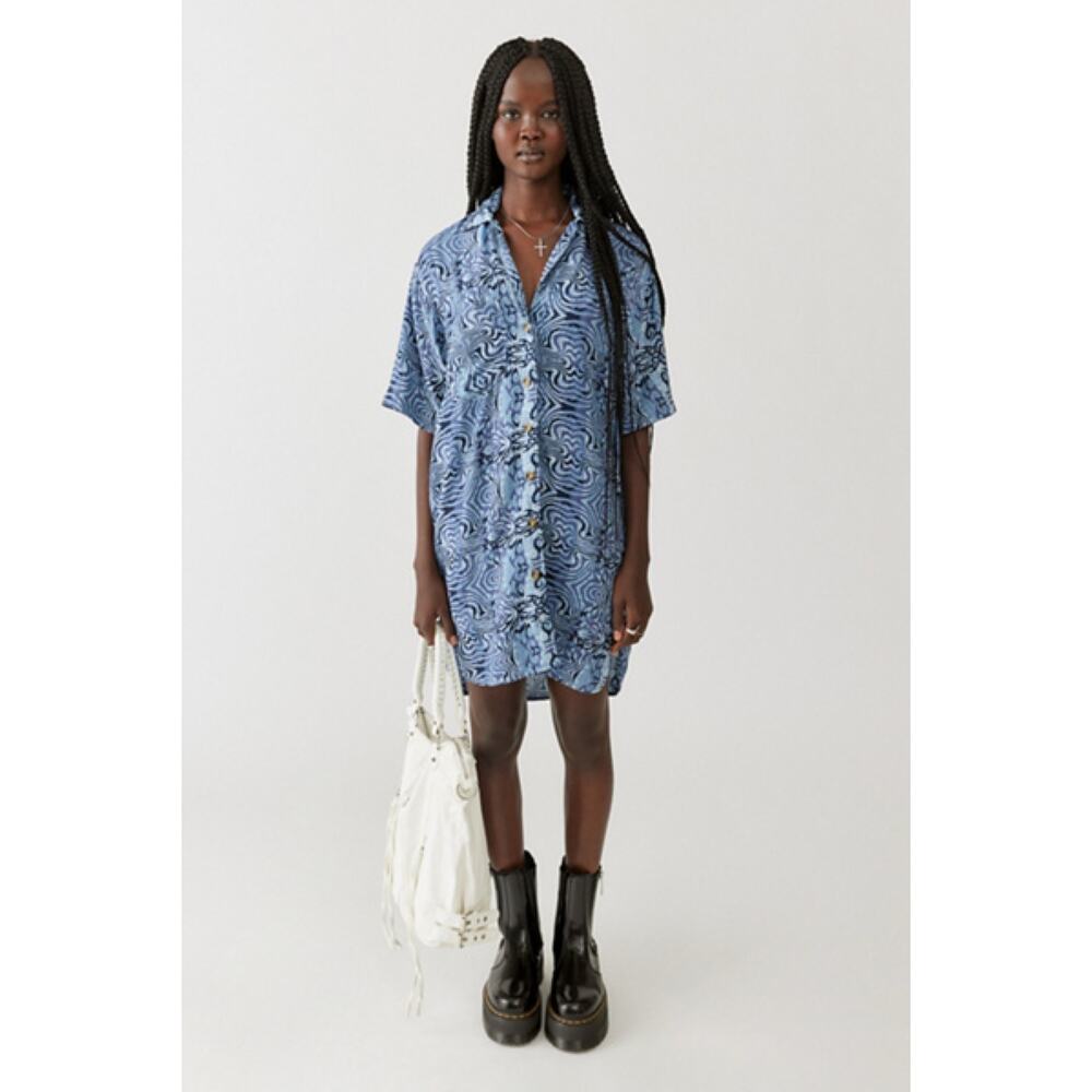 New Urban Outfitters Dean Printed Shirt Dress in Blue Multi Women's Size S